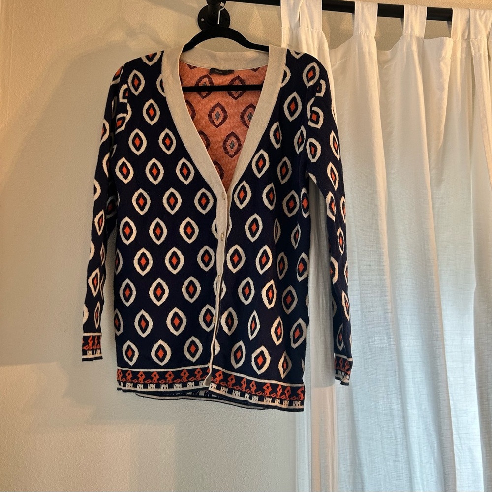 THML Navy and Cream Geometric Cardigan L